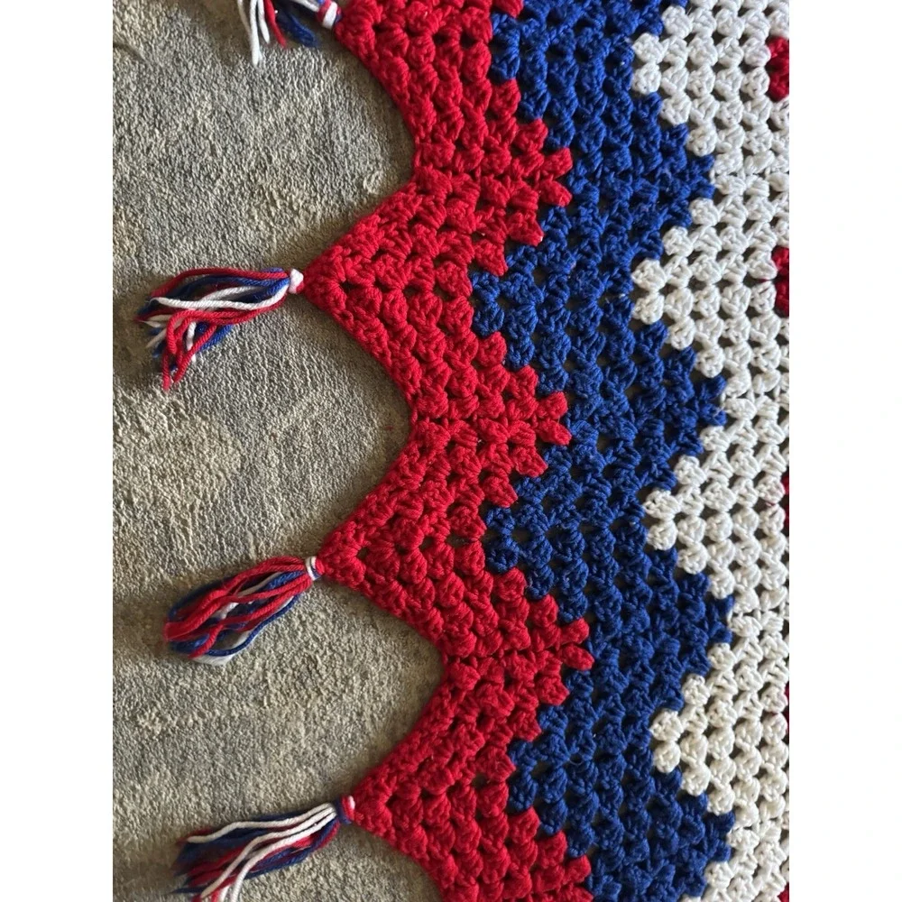 Granny Square Red White Blue Patriotic Hand Crochet Fringe Afghan Blanket 76 46